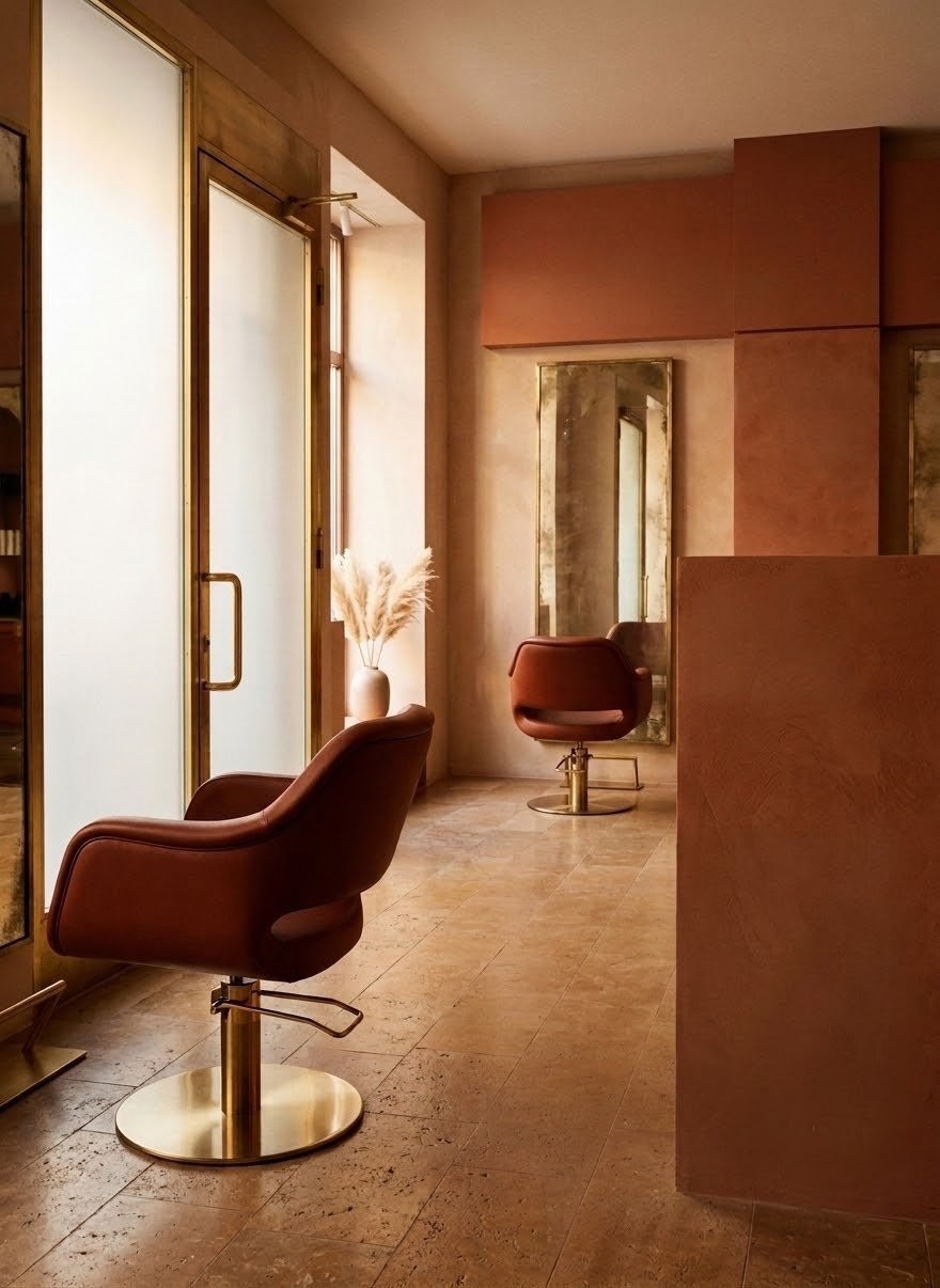 Blick in den Salon: Ledersessel auf Messingfuß, warme Terrakottawände, Pampasgras neben der Eingangstür
